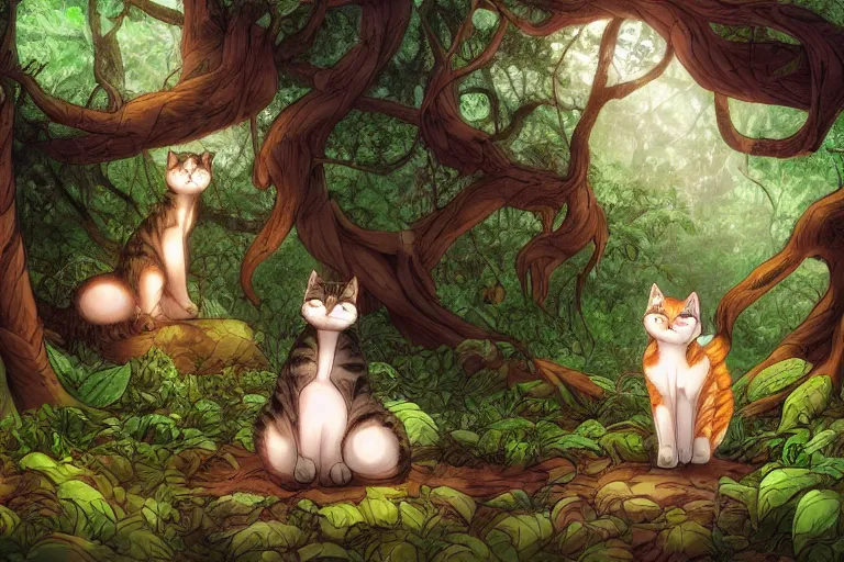 Image similar to a cat in a forest, highly detailed, digital art, trending on artstation, backlighting, by kawacy, by wayne mclouglin, by don bluth, fan art