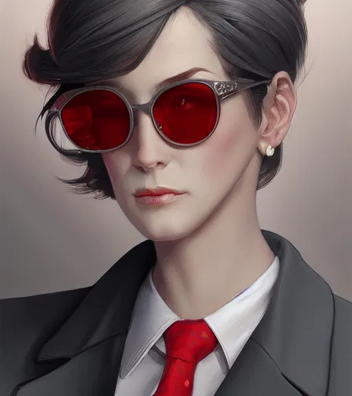 Prompt: a girl wearing a business suit, grey hair, red necktie, sunglasses, cinematic, stunning, highly detailed, digital painting, artstation, smooth, hard focus, illustration, art by artgerm and greg rutkowski and alphonse mucha