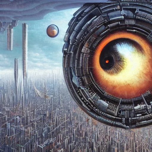 Image similar to a giant eyeball hovers above a futuristic city by Peter Gric,