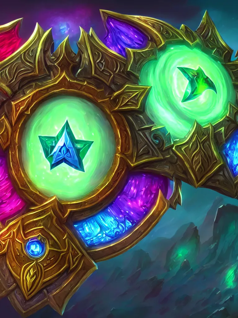 Image similar to bright shield of warcraft blizzard shield art, a spiral colorful gems shield. bright art masterpiece artstation. tree and roots shield, 8 k, sharp high quality illustration in style of jose daniel cabrera pena and leonid kozienko, green colored theme, concept art by tooth wu, card frame