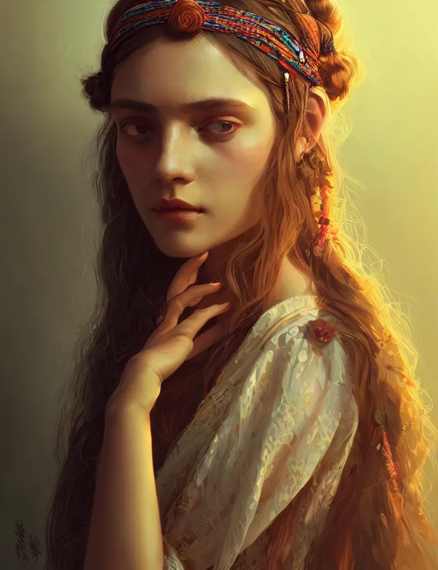 Prompt: portrait of a young woman wearing a boho dress, hippie girl, long hair, groovy hairband, bangs, intricate, smooth, groovy lighting, highly detailed, digital painting, artstation, concept art, smooth, sharp focus, illustration, art by wlop, mars ravelo and greg rutkowski