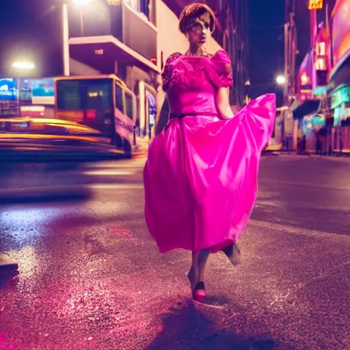 Prompt: a beautiful woman in a magenta dress standing on a bustling cyberpunk city street at night