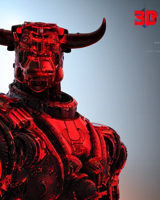 Prompt: a full body shot of an imposing cyborg ( bull ) modeled after a bull looking into the camera, android, cyborg, full body shot, red, intricate, 3 d, hyper realism, symmetrical, octane render, strong bokeh, fantasy, highly detailed, depth of field, digital art, artstation, concept art, cinematic lighting, trending