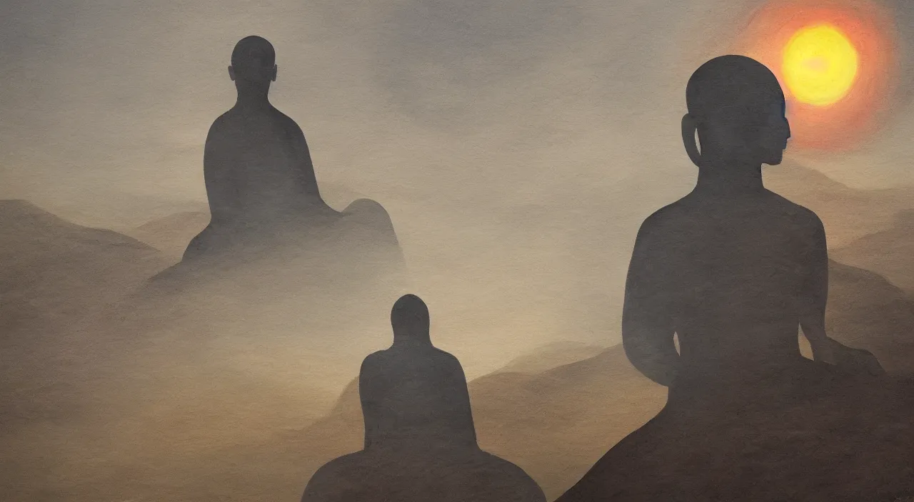 Prompt: alex grey painted style a lonely silhouette of a meditating monk sitting in the fog on a stone protruding from the water in the rays of the morning sun