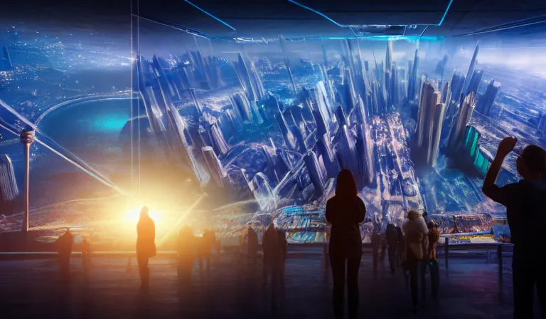 Image similar to crowd of people in large open museum, looking at hologram of futuristic city on a table, cinematic concept art, godrays, golden hour, natural sunlight, 4 k, clear details, tabletop model buildings, center model buildings, hologram center, crane shot, interior panorama