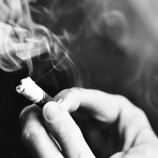 Prompt: Close-up of hand holding cigarette with smoke, vintage photo