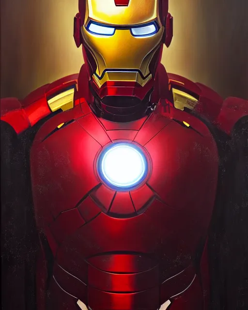 Image similar to a highly detailed portrait of a sinister Donald Trump as Iron Man, evil pose, by greg rutkowski and android jones in a surreal portrait style, oil on canvas, ancient cyberpunk 8k resolution, masterpiece