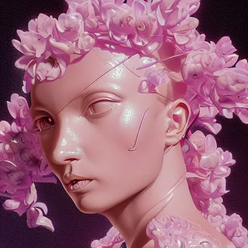 Prompt: baby pink flowers growing inside a glass female statue, futuristic, art by peter lloyd, 1 9 8 0's art, airbrush style, art by hajime sorayama,, intricate, elegant, sharp focus, illustration, highly detailed, concept art h 8 0 0