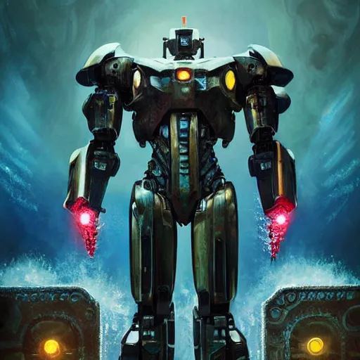 Image similar to pacific rim robot wearing high tech armor standing in the sea, full body, steam punk, 70's sci-fi, extremely detailed digital painting, in the style of Fenghua Zhong and Ruan Jia and Jermy lipking and peter mohrbacher, mystic colors, highly detailed, deep aesthetic, 8k, highly ornate intricate details, cinematic lighting, rich colors, digital artwork, ray tracing, hyperrealistic, photorealistic, cinematic landscape, trending on artstation,