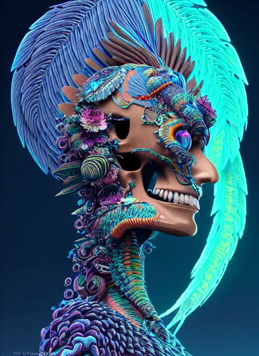 Image similar to 3 d goddess profile portrait, sigma 5 0 0 mm f / 5. beautiful intricate highly detailed quetzalcoatl skull and feathers. bioluminescent, plasma, lava, ice, water, wind, creature, thunderstorm! artwork by tooth wu and wlop and beeple and greg rutkowski, 8 k trending on artstation,