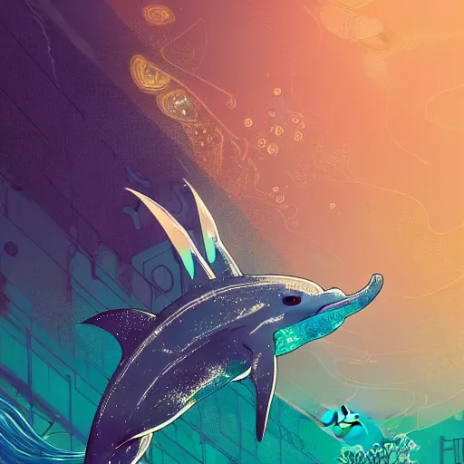 Image similar to a beautiful hyperdetailed character design 4 k wallpaper illustration of a cute dolphin, victo ngai cyberpunk style, from china, style of studio ghibli, makoto shinkai, raphael lacoste, louis comfort tiffany, artgerm, james jean, ross tran, chinese style