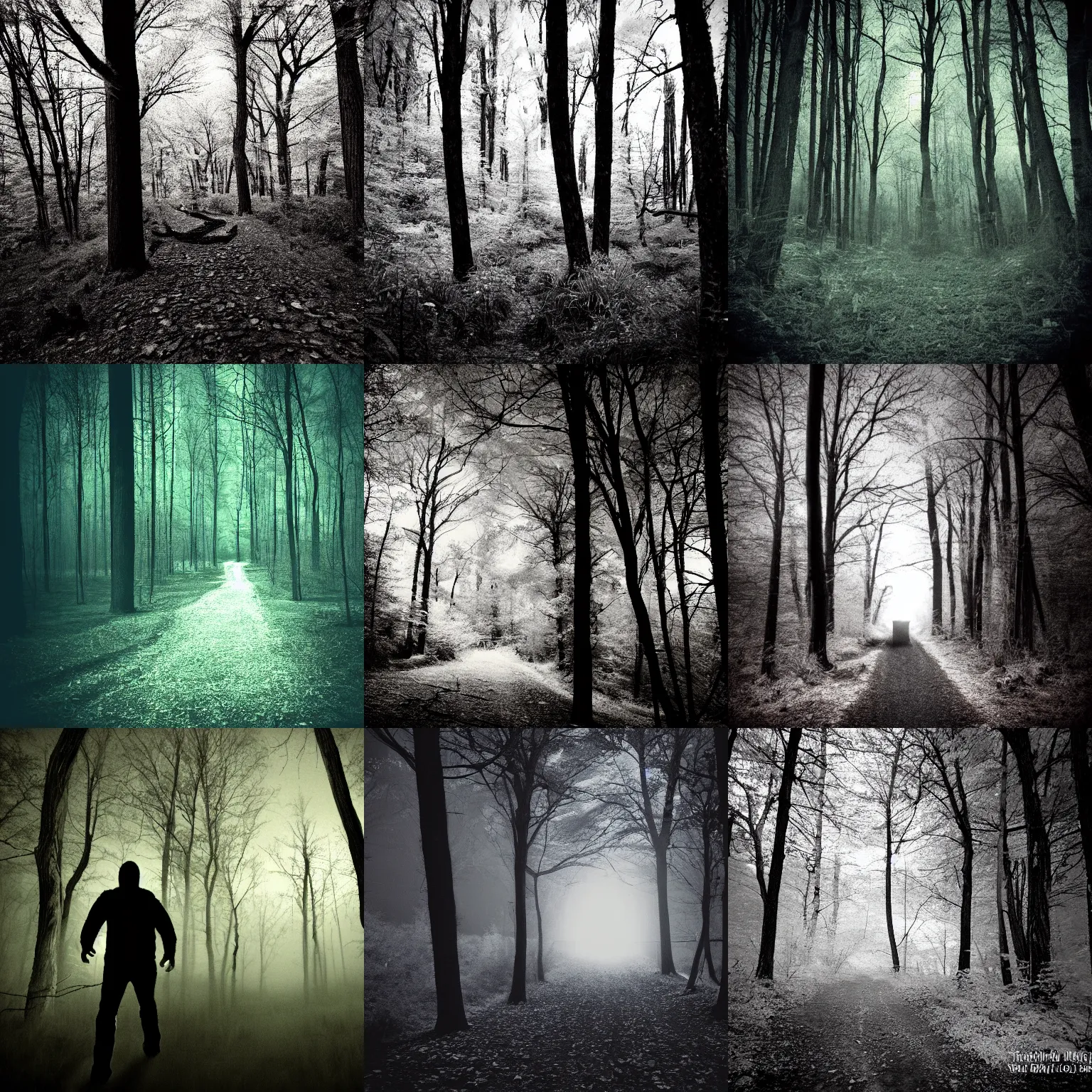 Prompt: dark woods with predator eyes shining in the darkness, nighttime, infrared, trail cam, creepy