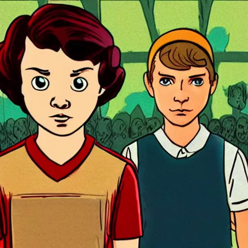 Image similar to stranger things cartoon series starring eleven and shrek