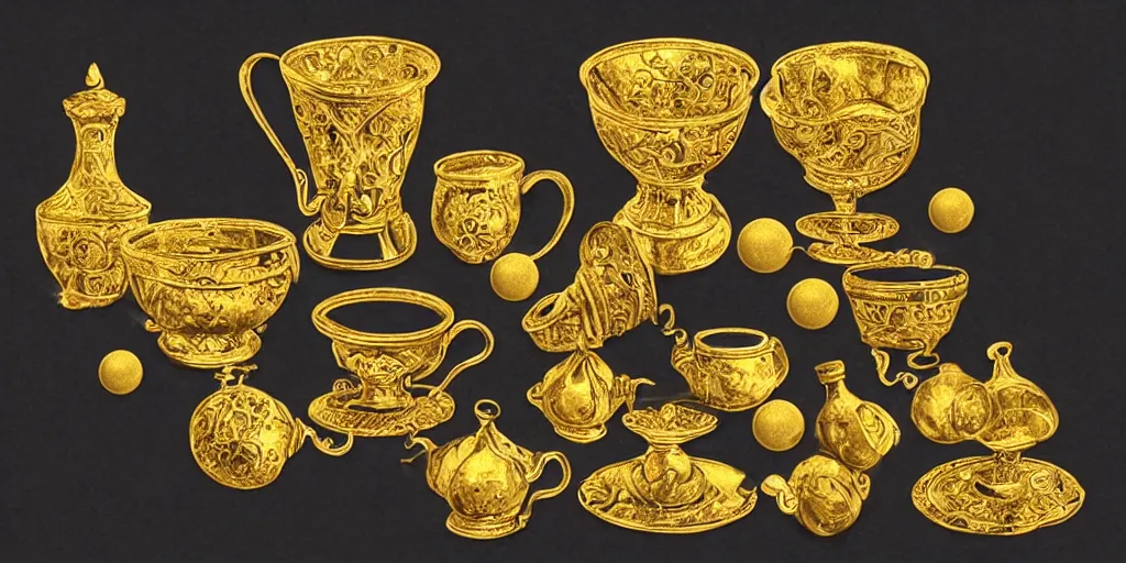 Image similar to magic, cups and balls, gold, ornate, detailed, realistic