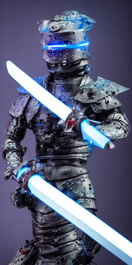 Image similar to a photo of cyborg samurai posing with a blue katana, futuristic, holographic, 8k, sharp focus, fujifilm