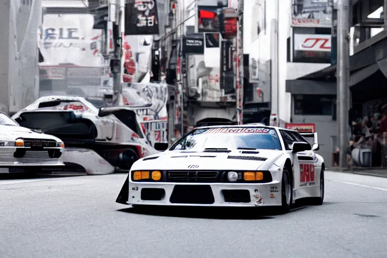 Image similar to single racecar 1 9 9 8 audi quattro, bmw m 1, movie still, vintage footage on tokyo streets, volumetric lighting, f 8 aperture, cinematic eastman 5 3 8 4 film