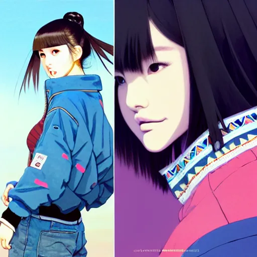 Image similar to a beautiful plus sized model japanese natalie portman, alluring, wearing oversized mayan bomber jacket and leotard with overalls, bulky poofy bomber jacket with mayan patterns, aztec street fashion, gapmoe yandere grimdark, trending on pixiv fanbox, painted by greg rutkowski makoto shinkai takashi takeuchi studio ghibli, akihiko yoshida