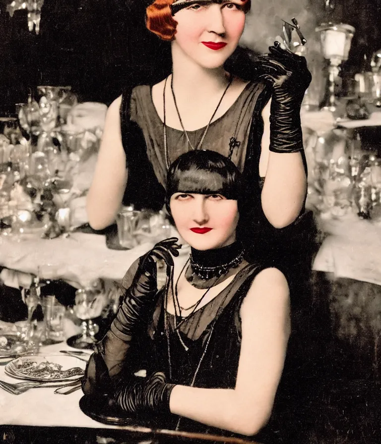 Image similar to close - up antique grainy colored photo of a 1 9 2 0 s short - haired flapper woman in black satin gloves sitting at a table and smirking seductively at the camera. in the background there is a crowded party in a dimly lit speakeasy lounge, jazz age, cohesive, 5 0 mm photography, precise, cinematic, low - lighting, photography