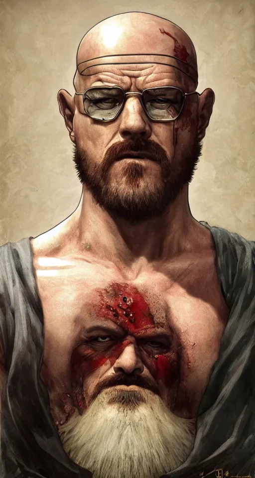 Image similar to Heisenberg as Kratos, highly detailed, digital painting, artstation, concept art, smooth, sharp focus, illustration, ArtStation, art by artgerm and greg rutkowski and alphonse mucha and J. C. Leyendecker and Edmund Blair Leighton and Katsuhiro Otomo and Geof Darrow and Phil hale and Ashley wood and Ilya repin and Charlie Bowater