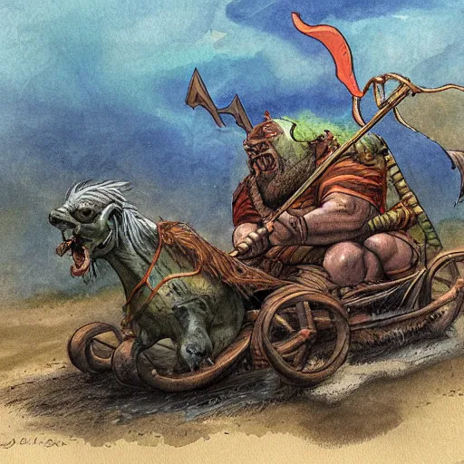 Prompt: painting of fat orc riding in a slapdash wooden cart holding a lance, fantasy art, magic : the gathering art, by diterlizzi