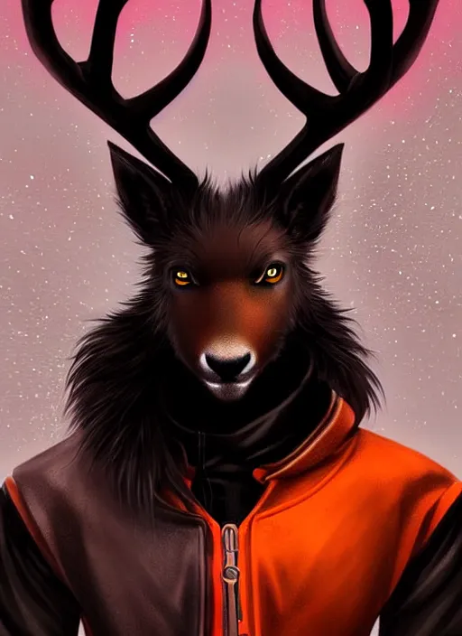 Prompt: award winning beautiful portrait commission of a male furry anthro Black Reindeer fursona with a tail, wings and a cute beautiful attractive detailed furry face wearing stylish black and orange cyberpunk clothes in a cyberpunk city at night while it rains. Character design by charlie bowater, ross tran, artgerm, and makoto shinkai, detailed, inked, western comic book art