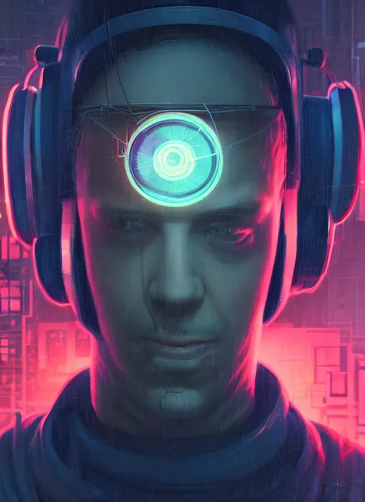 Image similar to highly detailed portrait of a cyberpunk gloomy hacker, wires connect to the head, stephen bliss, unreal engine, greg rutkowski, loish, rhads, beeple, makoto shinkai and lois van baarle, ilya kuvshinov, rossdraws, tom bagshaw, alphonse mucha, global illumination, detailed and intricate environment