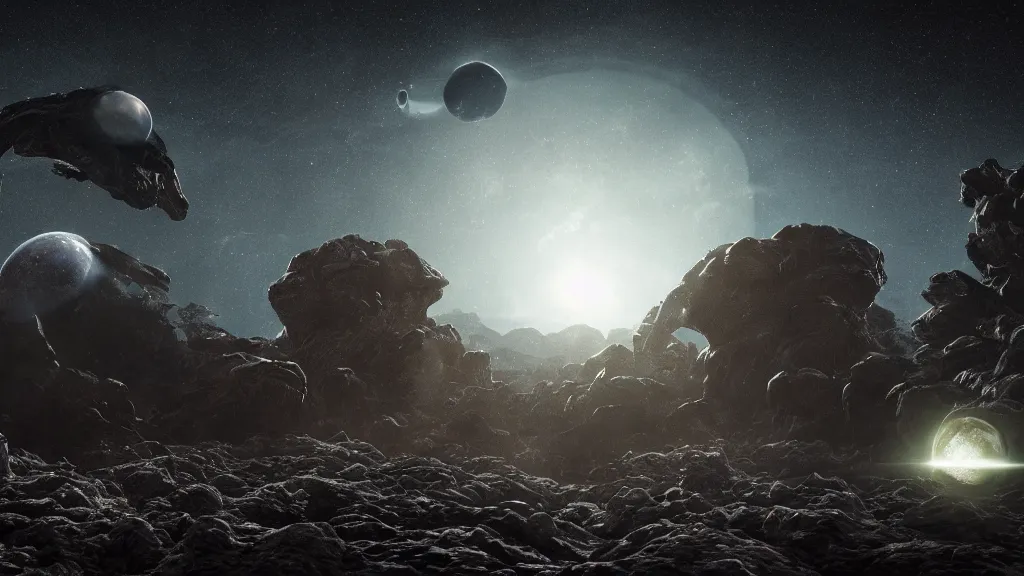 Image similar to alien planet, alien monster, large lovecraftian monster extra terrestrial, dark, moody, 3 moons, night sky shot, asteroids and meteor shower, 8 k, 4 k, unreal, high octane render