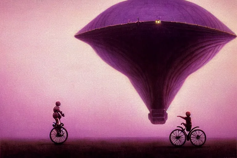 Image similar to kid rides a bicycle waving good bye to the airship at sunset, in the style of beksinski, intricate and epic composition, purple by caravaggio, insanely quality, highly detailed, masterpiece, purple light, artstation, 4 k