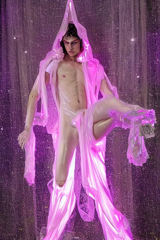 Image similar to full-body rococo and cyberpunk delicate crystalline sculpture of a muscular iridescent slender Spanish male as a humanoid deity wearing a thin see-through plastic hooded cloak sim roupa, reclining con las piernas abiertas, glowing pink face, crown of white lasers, large diamonds, swirling black silk fabric. futuristic elements. oozing glowing liquid, full-length view. space robots. human skulls. throne made of bones, intricate artwork by caravaggio. Trending on artstation, octane render, cinematic lighting from the right, hyper realism, octane render, 8k, depth of field, 3D