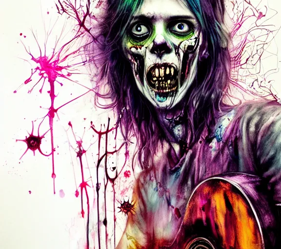 Image similar to zombie punk rocker playing guitar by agnes cecile, brian froud, intricated details, full body portrait, extremely luminous bright design, horror, pastel colours, toxic drips, autumn lights, rule of thirds by francis tneh