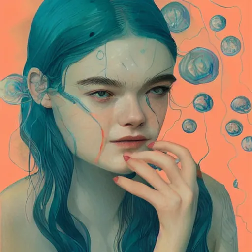Prompt: Elle Fanning underwater surrounded by jellyfish picture by Sachin Teng, asymmetrical, dark vibes, Realistic Painting , Organic painting, Matte Painting, geometric shapes, hard edges, graffiti, street art:2 by Sachin Teng:4