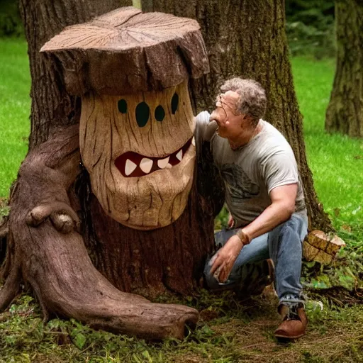 Prompt: the legend of Big Sir monster talking to a tree stump that has the face of Gilbert gottfried, film still