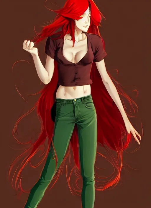 Image similar to full-body shot of an attractive tomboy girl with long, crimson red hair and red eyes, wearing a brown, open jacket and green jeans with a stern look, martial arts pose, concept art, character design, by WLOP, by Ross Draws, by Tomine, by Satoshi Kon, by Rolf Armstrong