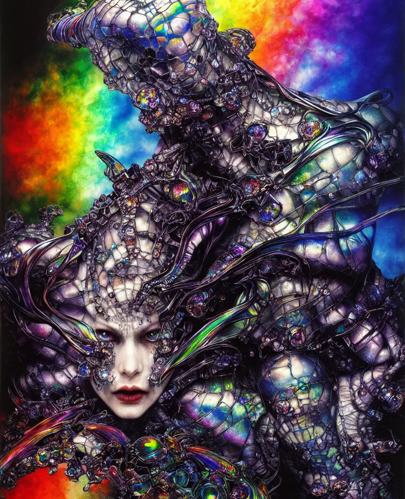 Image similar to realistic detailed image of ultra wrathful rainbow diamond iridescent mega sybiote, depth perception, depth of field, action horror by ayami kojima, neo - gothic, gothic, part by adrian ghenie and gerhard richter. art by yoshitaka amano. masterpiece