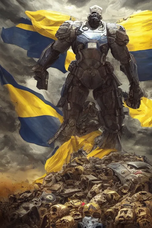 Image similar to a full body shot from distance of a super soldier with a Ukrainian blue and yellow stripes flag standing in the beam of light from the clouds on a pile of skulls and rotten cars as a winner, masculine figure, D&D, fantasy, intricate, elegant, highly detailed, digital painting, artstation, concept art, matte, sharp focus, symmetrical, illustration, hyperrealistic, art by Artgerm and Greg Rutkowski and Alphonse Mucha