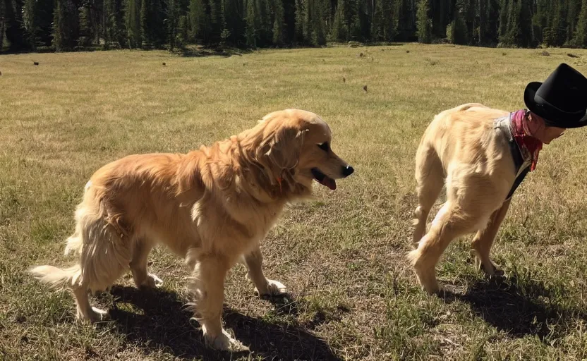 Prompt: photo of a golden retriever wearing old west clothes and western hat and finding gold nuggets in a mine
