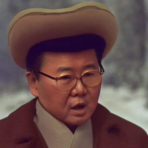 Prompt: filmstill of Kim Jong-il wearing a chapka in the role of Omar Sharif in Doctor Zhivago by David Lean, 1965, cinemascope, Eastman Color Negative 50T 5251 Neg. Film, epic romance