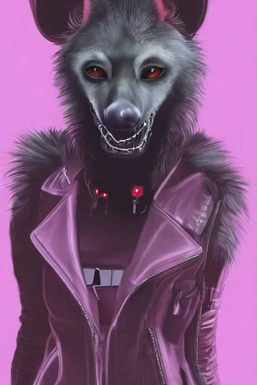 Image similar to digital painting of anthromorphic hyena female, fursona, furry fandom, neon rainy cyberpunk setting, anthro, wearing cyberpunk leather jacket, detailed face,