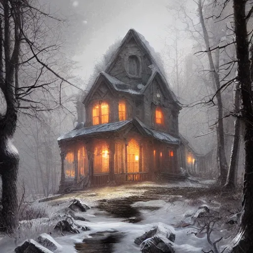Prompt: haunted house on a snowy mountain, greg rutkowski, thomas kinkade, artstation