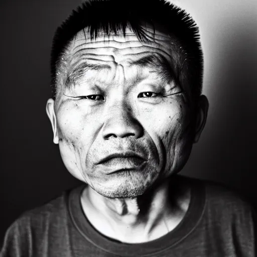 Image similar to grizzled tragic chinese man, age 3 5, with gutterpunk poke and stick face tattoos at dusk, black & white, richard avedon, 5 0 mm, grainy, low light