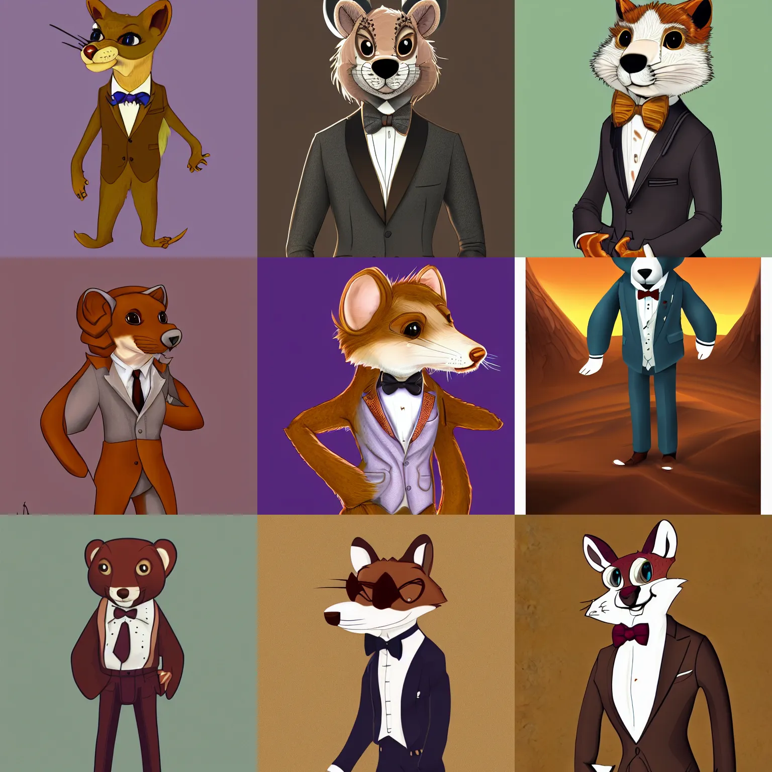 Prompt: character portrait of a happy furry anthro weasel wearing a nice suit and bowtie in the desert wilderness, intricate, elegant, highly detailed digital art, commission on furaffinity, artstation