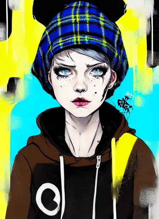 Image similar to highly detailed portrait of a sewer punk lady student, blue eyes, tartan hoody, hat, white hair by atey ghailan, by greg tocchini, by kaethe butcher, by alex horley, gradient yellow, black, brown and cyan color scheme, grunge aesthetic!!! ( ( graffiti tag wall flat colour background ) )