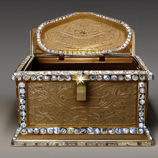 Prompt: A Ayleid chest filled with jewels and crystal artefacts, 4k, hdri, museum quality photo