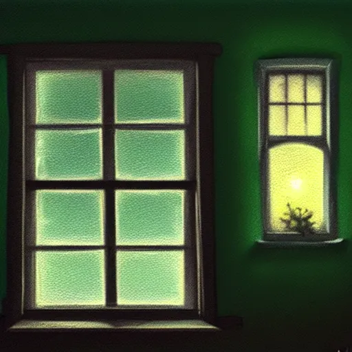 Prompt: cottage window at night seen from inside, green eyes outside the window, creepy, horror, illustration, fantasy horror, artstation, deviantart, 4 k, realistic lighting, unreal engine, night, oil painting, pitch dark outside the window