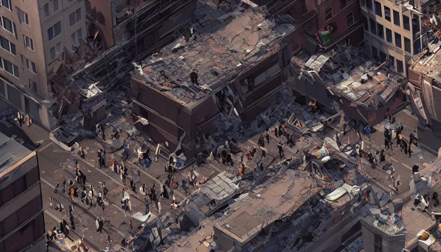 Prompt: People fleeing the collapsed buildings in the streets of New-York, hyperdetailed, artstation, cgsociety, 8k