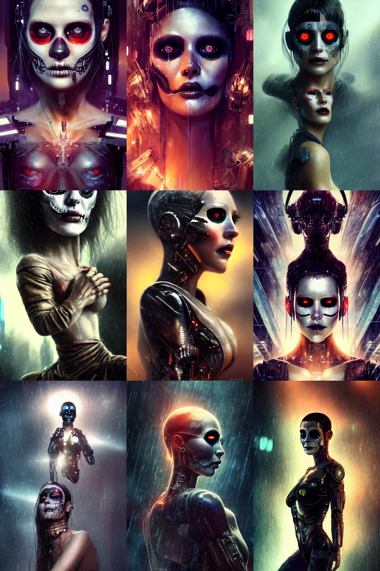 Prompt: crying cyborg woman, octane render, fantasy,'blade runner 2 0 4 7'concept art, pose, photorealistic, cover shot, interstellar, intricate detailed environment. vogue, ( ( ( el dia los muertos ) ) ), 8 k, hd. by terry o'neill and artgerm and wlop and loish and rutkowski and mucha
