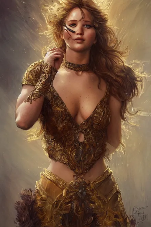 Image similar to portrait of jennifer lawrence as a lion tamer, half body, d & d, fantasy, intricate, elegant, highly detailed, digital painting, artstation, concept art, art by artgerm and greg rutkowski and alphonse mucha