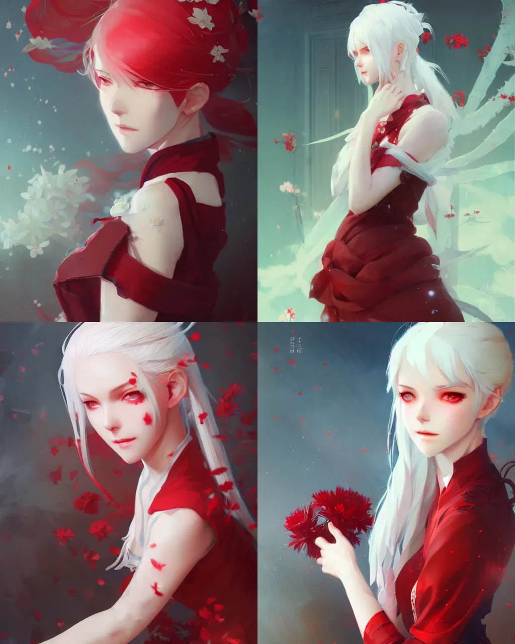 Prompt: girl with white hair and red clothing, flower decoration on the background, a beautiful half body illustration, top lighting, perfect shadow, soft painting, art by hidari and krenz cushart and wenjun lin