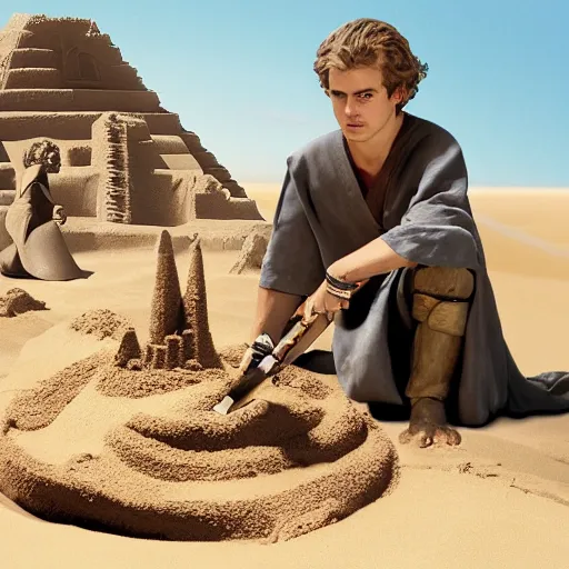 Image similar to Picture of hayden christensen as Anakin Skywalker building a sand castle on Tatooine, award-winning