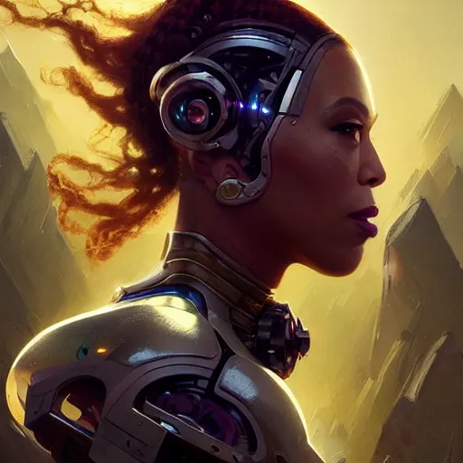 Image similar to cyborg beyonce profile picture by Greg Rutkowski, dynamic pose, intricate, futuristic, fantasy, elegant, by Stanley Artgerm Lau, greg rutkowski, thomas kindkade, alphonse mucha, loish, norman Rockwell,